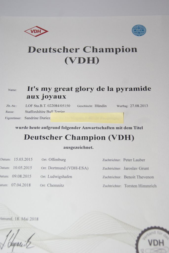 de La Pyramide Aux Joyaux - Glory est officiellement CH d'Allemagne depuis le 18 mai 2018 